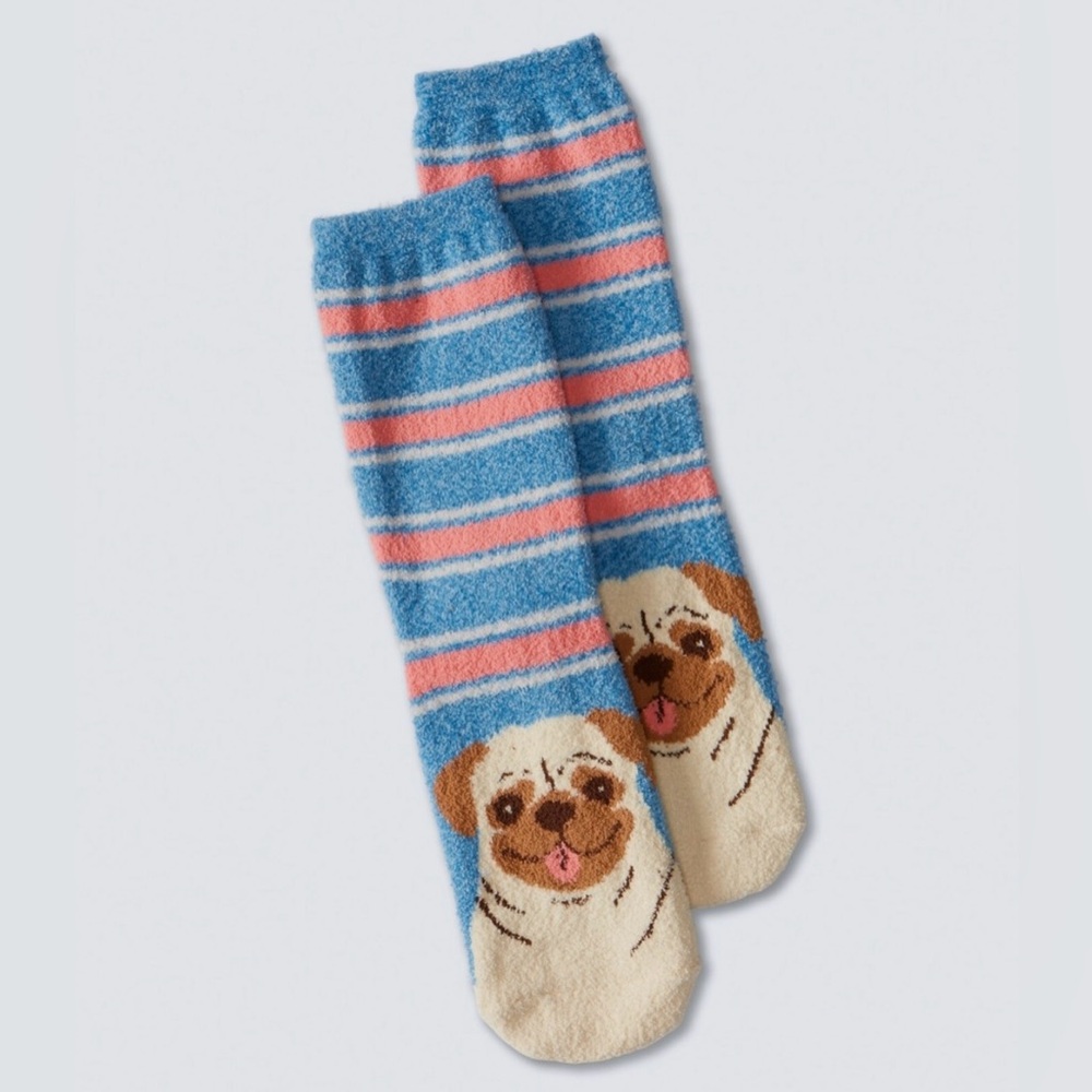 AEROPOSTALE Socks PUG FUZZY CREW Dog Stripe Pink Blue Soft AERO OSFA NWT